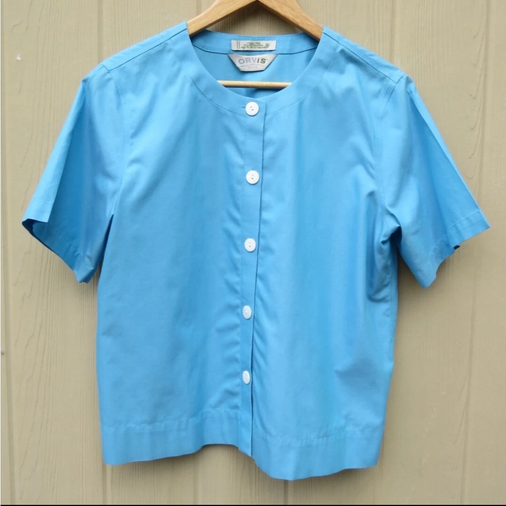 Orvis Sky Blue Short Sleeve Modest Button Vintage Blouse